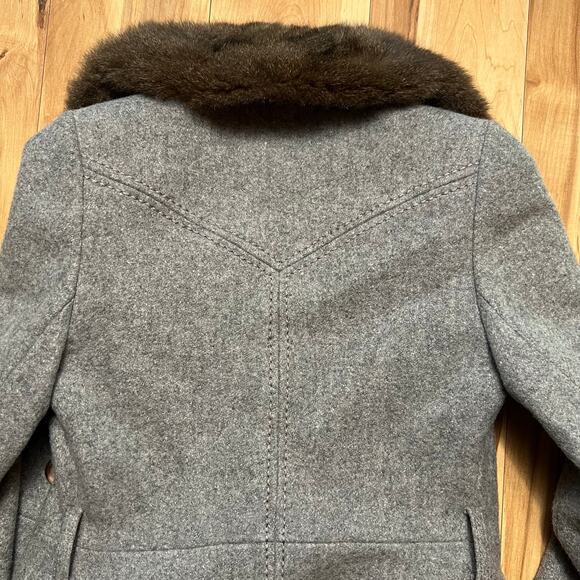 VINTAGE 70s Wool Peacoat Size S Fox Fur Collar Belted Hollywood Double Breasted - Picture 9 of 9